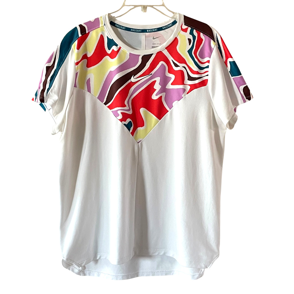 NIKE COURT Dri-Fit Slam Mens Size XL Slim Fit White Abstract Tennis Top DR6597